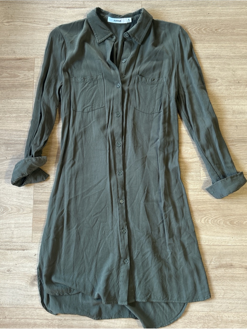 JustFab 100% Rayon Forest Green Button-Down Shirt Dress